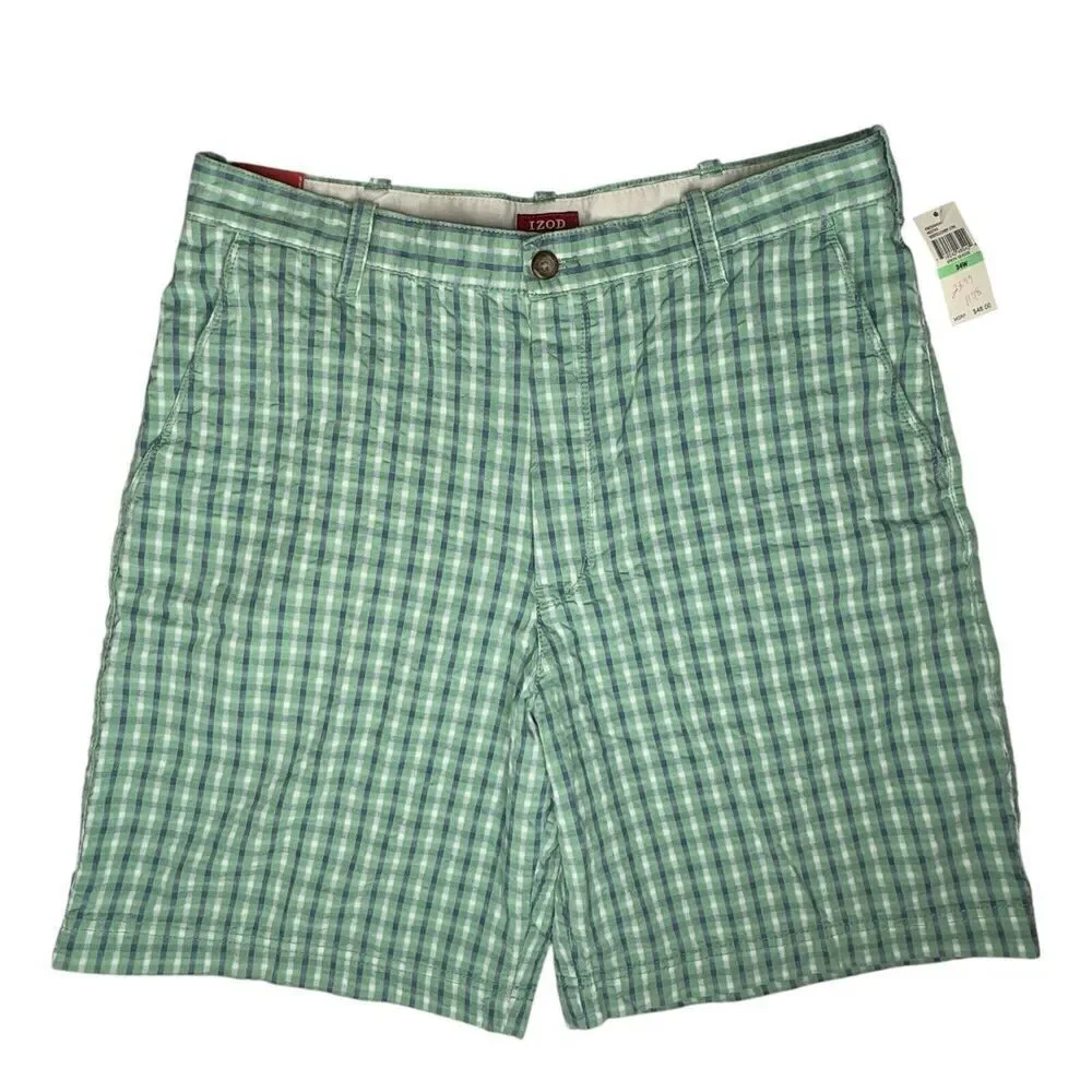 IZOD Men 34 Shorts Green Seersucker Plaid Luxury Sport Chino Golf Flat 9